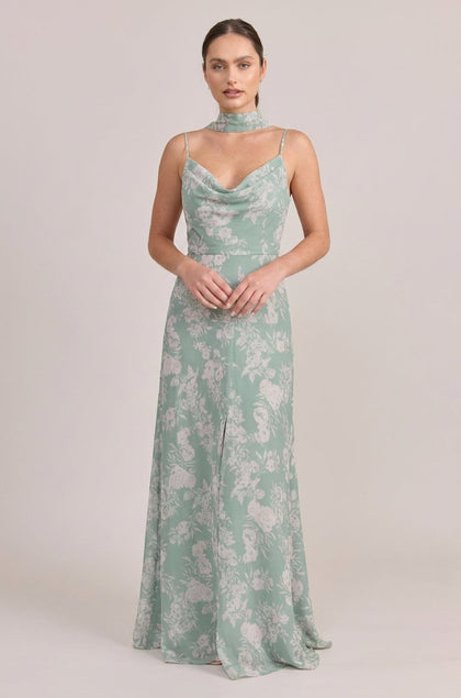 Chiffon Floral Print Skinny Scarf | Made To Order | Sage and Champagne Bouquet