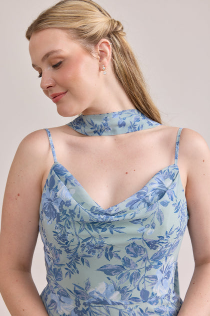 Chiffon Floral Print Skinny Scarf | Made To Order | Sage and Sky Blue Meadow Blooms