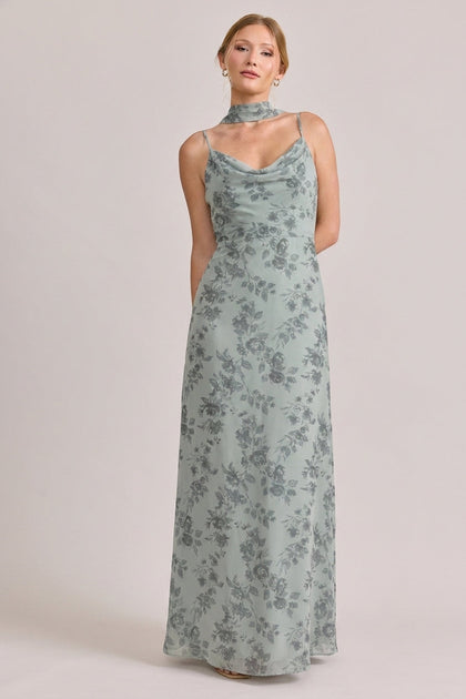 Chiffon Floral Print Skinny Scarf | Made To Order | Sage Bouquet