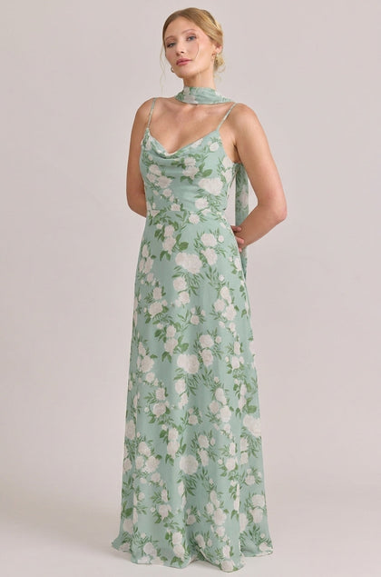 Chiffon Floral Print Skinny Scarf | Made To Order | Sage Multi Bouquet