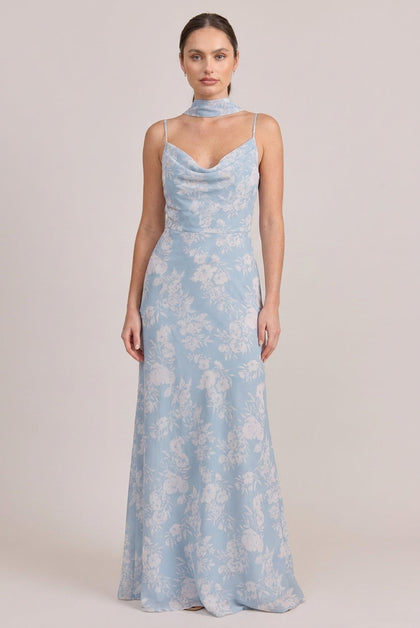 Chiffon Floral Print Skinny Scarf | Made To Order | Sky Blue Bouquet