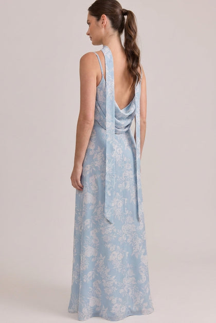 Chiffon Floral Print Skinny Scarf | Made To Order | Sky Blue Bouquet