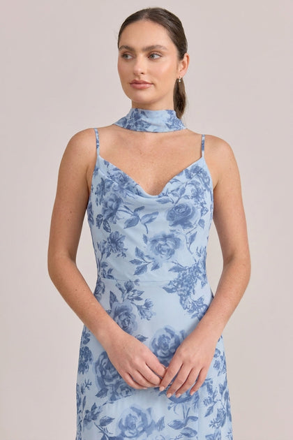 Chiffon Floral Print Skinny Scarf | Made To Order | Sky Blue Garden
