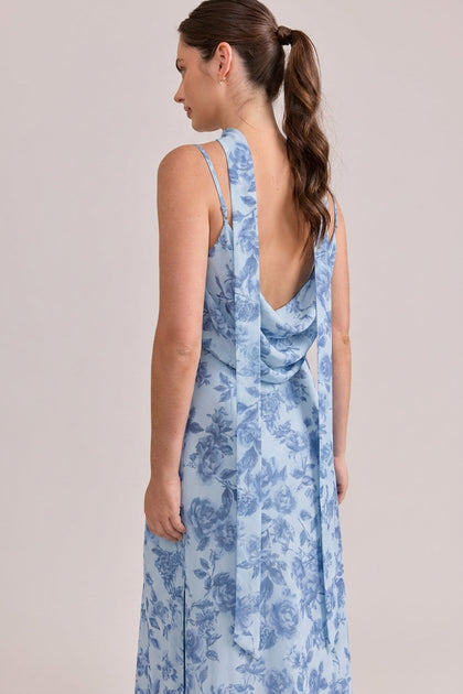 Chiffon Floral Print Skinny Scarf | Made To Order | Sky Blue Garden