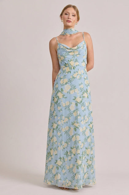 Chiffon Floral Print Skinny Scarf | Made To Order | Sky Blue Multi Bouquet