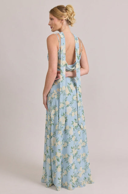 Chiffon Floral Print Skinny Scarf | Made To Order | Sky Blue Multi Bouquet