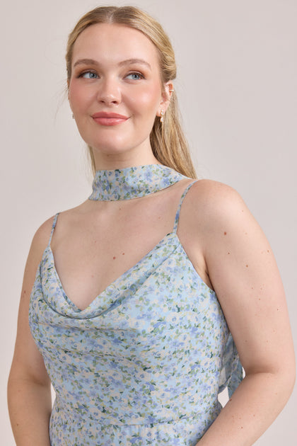 Chiffon Floral Print Skinny Scarf | Made To Order | Sky Blue Multi Posey