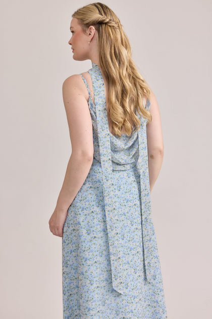 Chiffon Floral Print Skinny Scarf | Made To Order | Sky Blue Multi Posey
