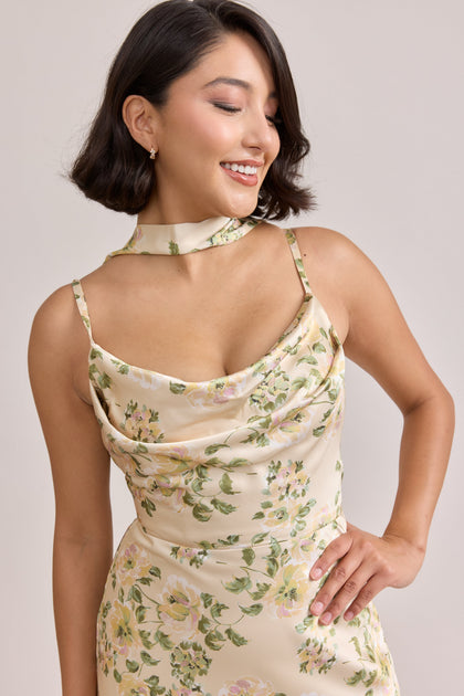 Satin Floral Print Skinny Scarf | Made To Order | Pale Yellow Blossom