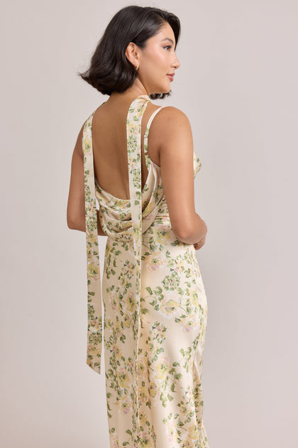 Satin Floral Print Skinny Scarf | Made To Order | Pale Yellow Blossom