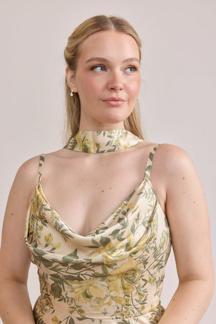 Satin Floral Print Skinny Scarf | Made To Order | Pale Yellow Meadow Blooms