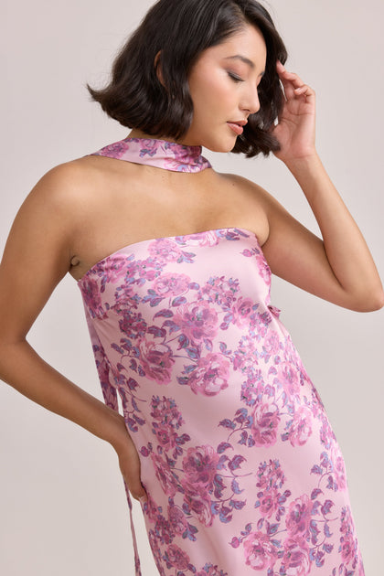 Satin Floral Print Skinny Scarf | Made To Order | Perfect Pink Blossom