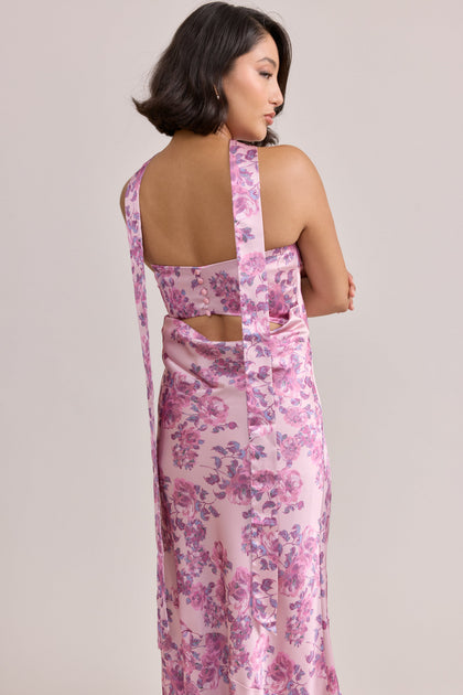 Satin Floral Print Skinny Scarf | Made To Order | Perfect Pink Blossom