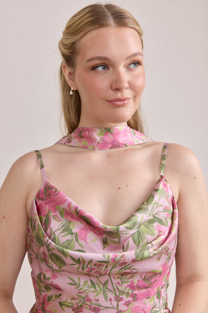 Satin Floral Print Skinny Scarf | Made To Order | Perfect Pink Meadow Blooms