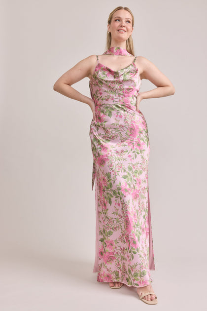 Satin Floral Print Skinny Scarf | Made To Order | Perfect Pink Meadow Blooms