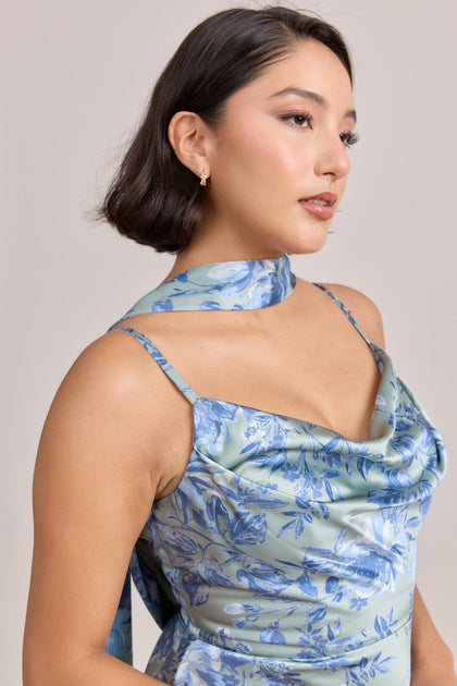 Satin Floral Print Skinny Scarf | Made To Order | Sage and Sky Blue Meadow Blooms