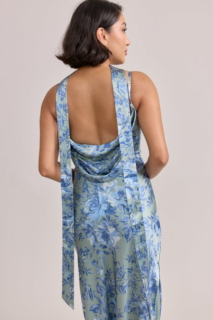 Satin Floral Print Skinny Scarf | Made To Order | Sage and Sky Blue Meadow Blooms