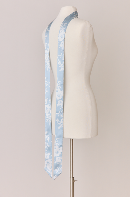 Satin Floral Print Skinny Scarf | Made To Order | Sky Blue Bouquet