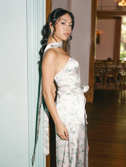 Color: Soft Champagne Bouquet. Pictured with the Amara Satin Dress in Soft Champagne Bouquet