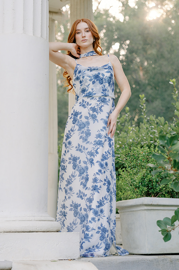Dusty Blue Bouquet Bridesmaid Dress at Revelry | Skye Chiffon Floral Print Dress | Made to Order Dusty Blue Bouquet