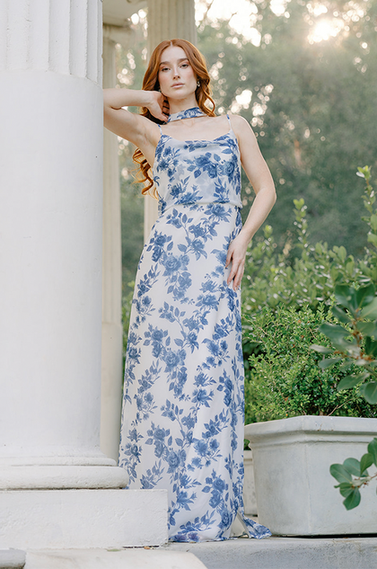 Model: Riley; Size: 4; Color: Dusty Blue Bouquet. Chiffon Skinny Scarf sold separately.