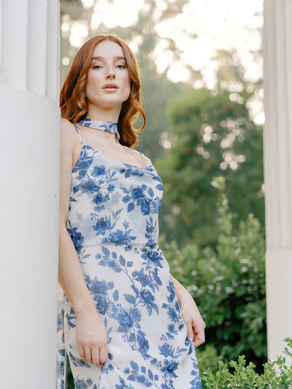 Model: Riley; Size: 4; Color: Dusty Blue Bouquet. Chiffon Skinny Scarf sold separately.