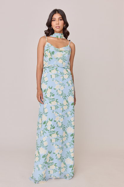Skye Chiffon Floral Print Dress | Made To Order | Sky Blue Multi Bouquet