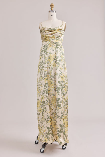 Maternity Skye Satin Floral Print Dress | Made To Order | Pale Yellow Meadow Blooms
