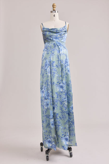 Maternity Skye Satin Floral Print Dress | Made To Order | Sage and Sky Blue Meadow Blooms