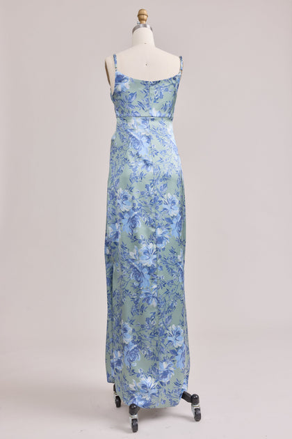 Maternity Skye Satin Floral Print Dress | Made To Order | Sage and Sky Blue Meadow Blooms