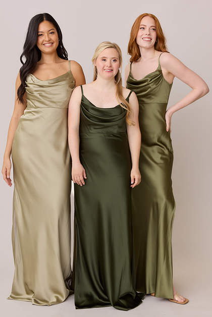 Models from Left to Right: Yukari; Size: 10; Color: Silver Sage, Grace; Size: 4 Petite; Color: Deep Olive, Merrik; Size: 4; Color: Moss