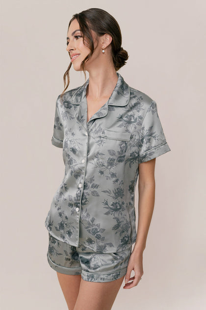 Sleepover Short Sleeve Satin Floral Print Top | Made To Order - Sage Bouquet