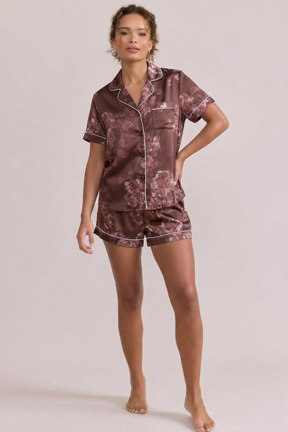 Sleepover Short Sleeve Satin Floral Print Top | Made To Order - Mahogany Blooms