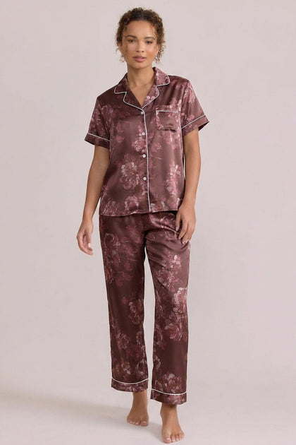 Sleepover Short Sleeve Satin Floral Print Top | Mahogany Blooms