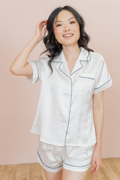 Sleepover Short Sleeve Satin Top | Made To Order - White Pearl Satin / French Blue Satin