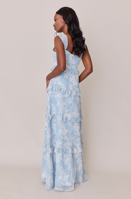 Sloane Chiffon Floral Print Dress | Made To Order | Sky Blue Bouquet