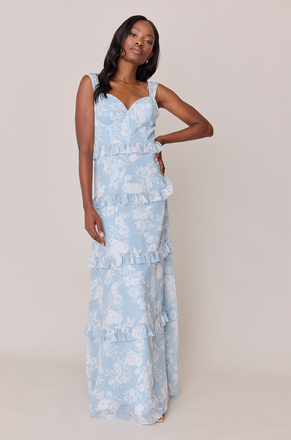 Sloane Chiffon Floral Print Dress | Made To Order | Sky Blue Bouquet