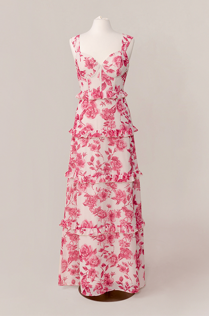 Sloane Chiffon Floral Print Dress | Made To Order | Hot Pink Garden