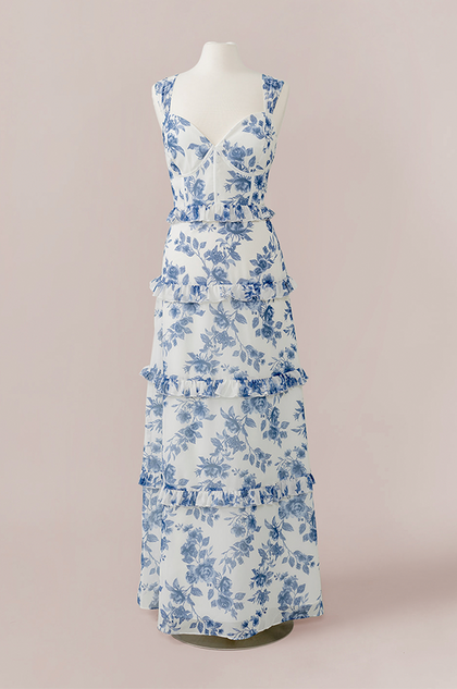 Sloane Chiffon Floral Print Dress | Made To Order | Dusty Blue Bouquet