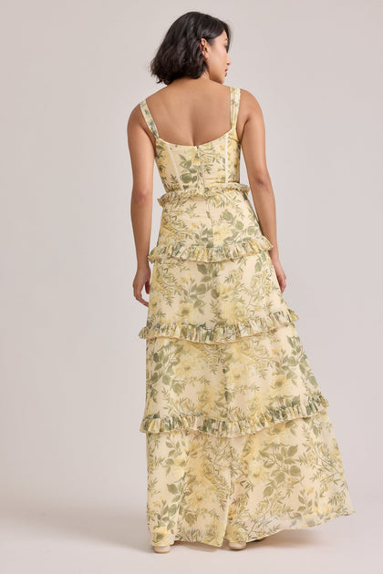 Sloane Chiffon Floral Print Dress | Made To Order | Pale Yellow Meadow Blooms