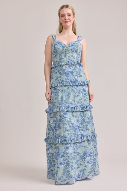 Sloane Chiffon Floral Print Dress | Made To Order | Sage and Sky Blue Meadow Blooms