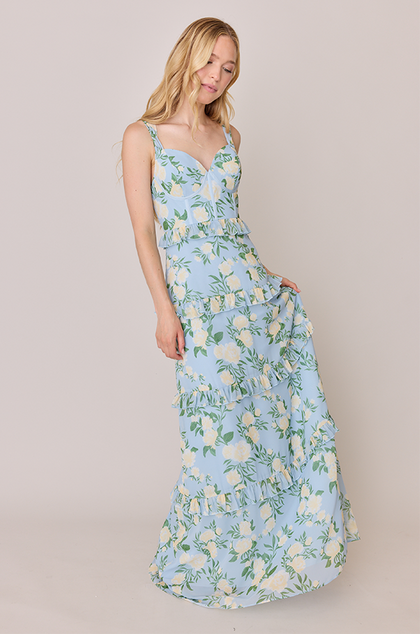 Sloane Chiffon Floral Print Dress | Made To Order | Sky Blue Multi Bouquet