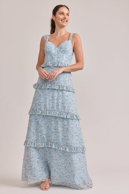 Sloane Chiffon Floral Print Dress | Made To Order | Sky Blue Multi Posey