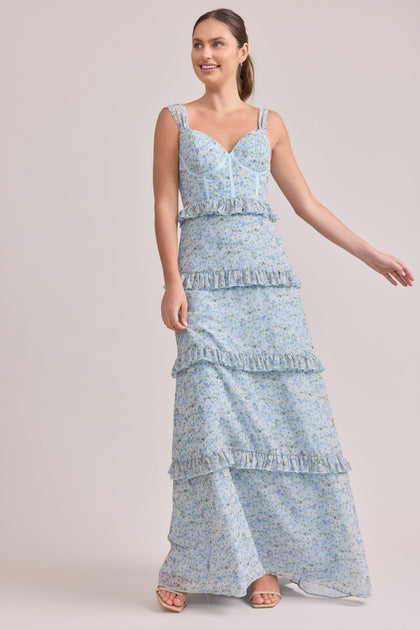 Sloane Chiffon Floral Print Dress | Made To Order | Sky Blue Multi Posey
