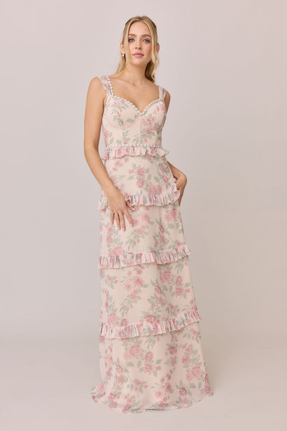 Sloane Luxe Chiffon Floral Print Dress | Made To Order | Blushing Bride Bouquet