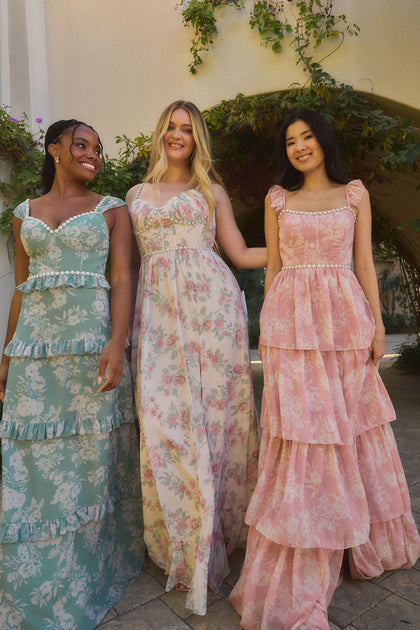 Left: Sloane Luxe Chiffon Floral Print Dress; Middle: Shylah Luxe Chiffon Floral Print Dress; Right: Poppy Luxe Chiffon Floral Print Dress