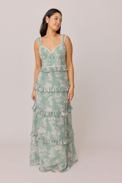 Sloane Luxe Chiffon Floral Print Dress | Made To Order | Sage and Champagne Bouquet