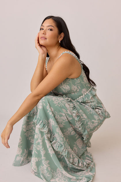 Sloane Luxe Chiffon Floral Print Dress | Made To Order | Sage and Champagne Bouquet