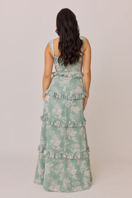 Sloane Luxe Chiffon Floral Print Dress | Made To Order | Sage and Champagne Bouquet