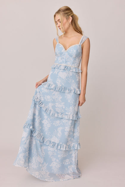 Sloane Luxe Chiffon Floral Print Dress | Made To Order | Sky Blue Bouquet